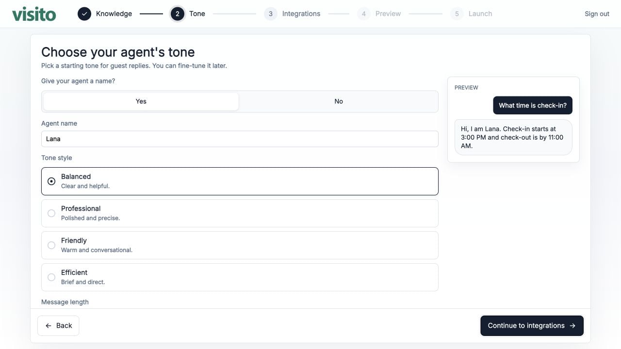 Choose an agent name, tone, and message length
