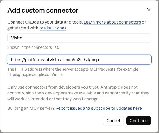 Claude custom connector form with Visito and its public MCP URL
