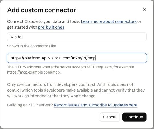 Formulario de conector personalizado de Claude con Visito y la URL MCP pública
