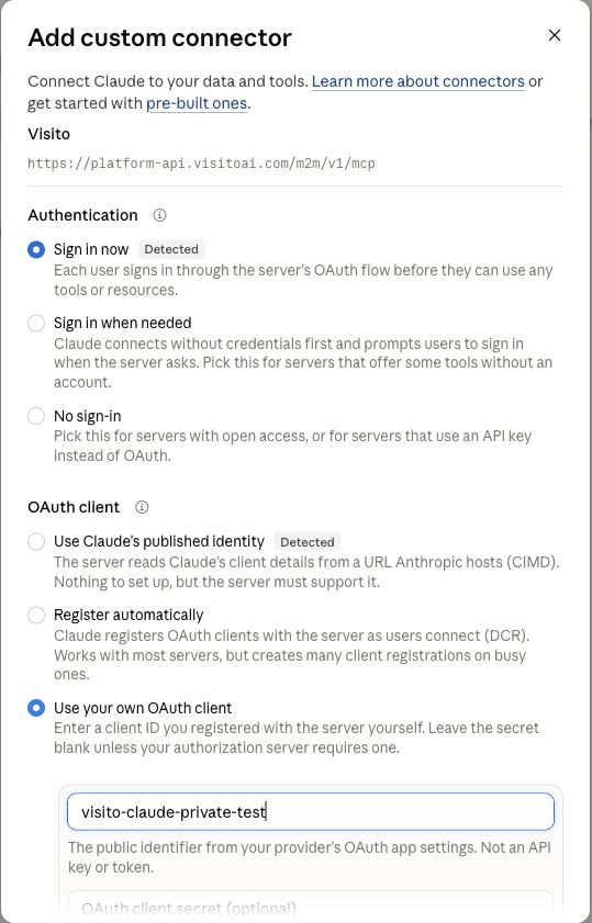 Claude OAuth configuration with the predefined public Visito client ID