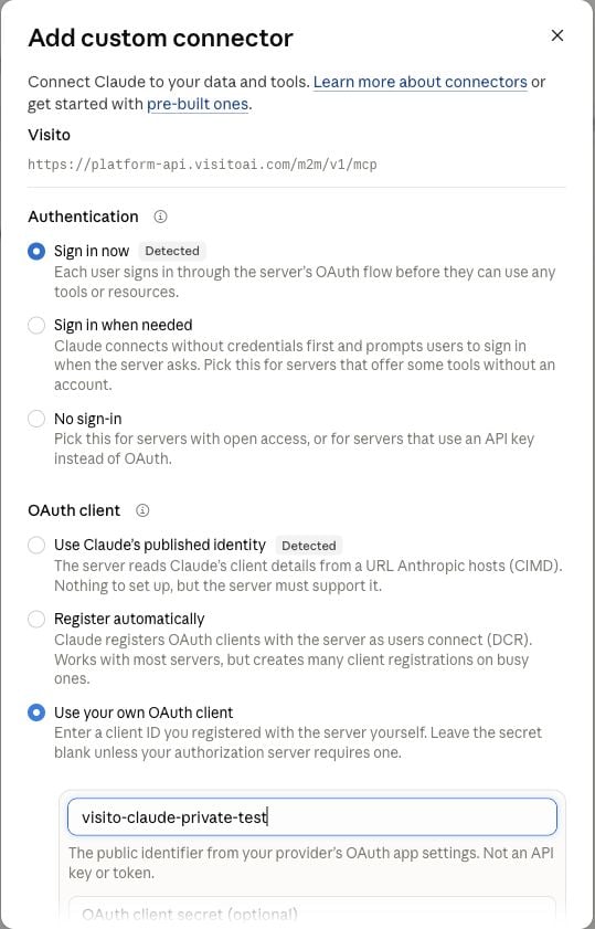 Configuración OAuth de Claude con el ID público predefinido de Visito