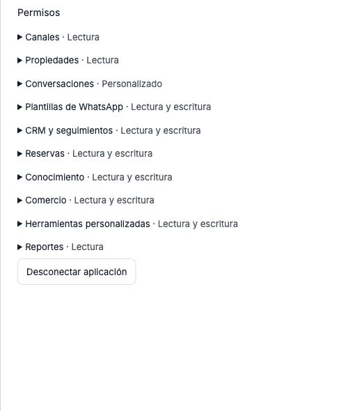 Grouped permissions in Visito with a Disconnect application button, shown in Spanish