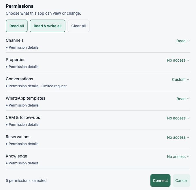 Visito domain permissions with five selected actions and the Connect button