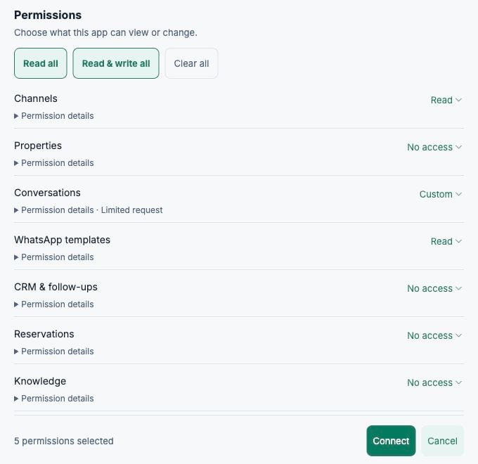 Selector de permisos de Visito con cinco acciones seleccionadas y botón Connect