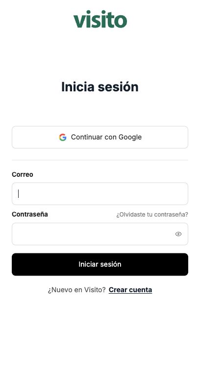 Empty Visito sign-in form with Google and email sign-in options