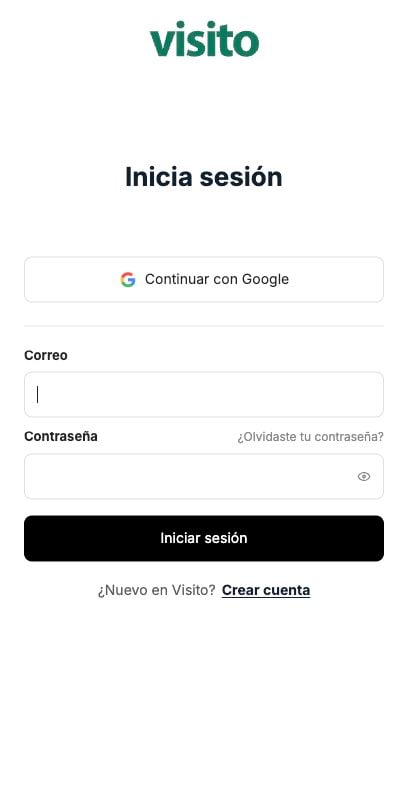Formulario vacío de Visito con acceso por Google o correo y contraseña