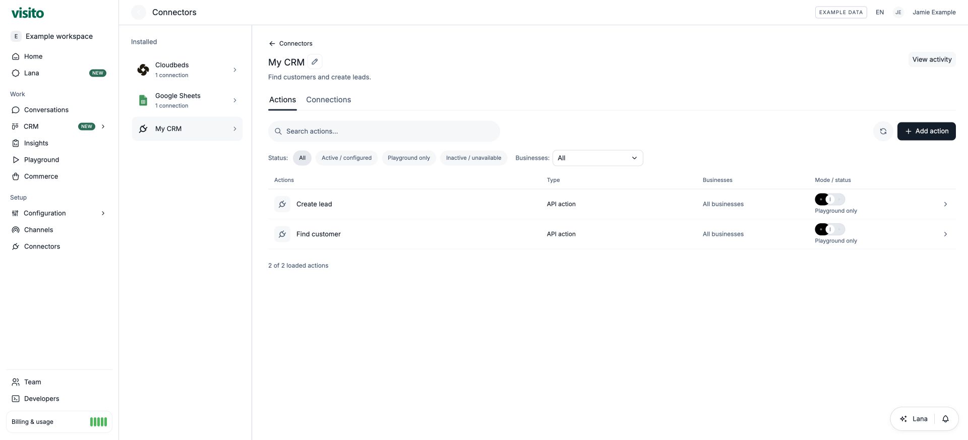 Saved CRM connector with two actions and an Add action button.