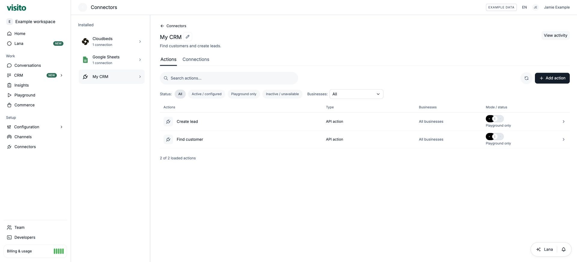 Saved CRM connector with two actions and an Add action button.