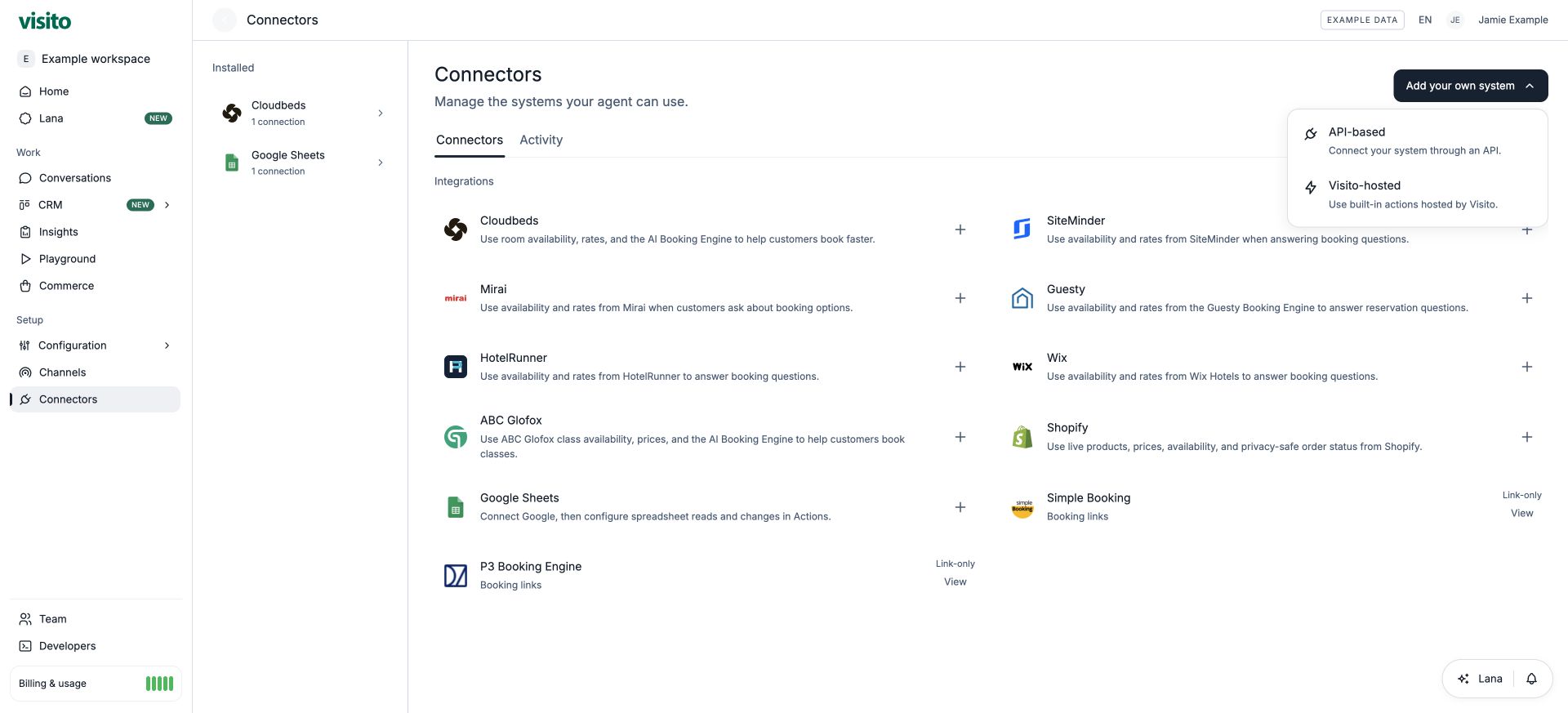 API-based and Visito-hosted choices under Add your own system.