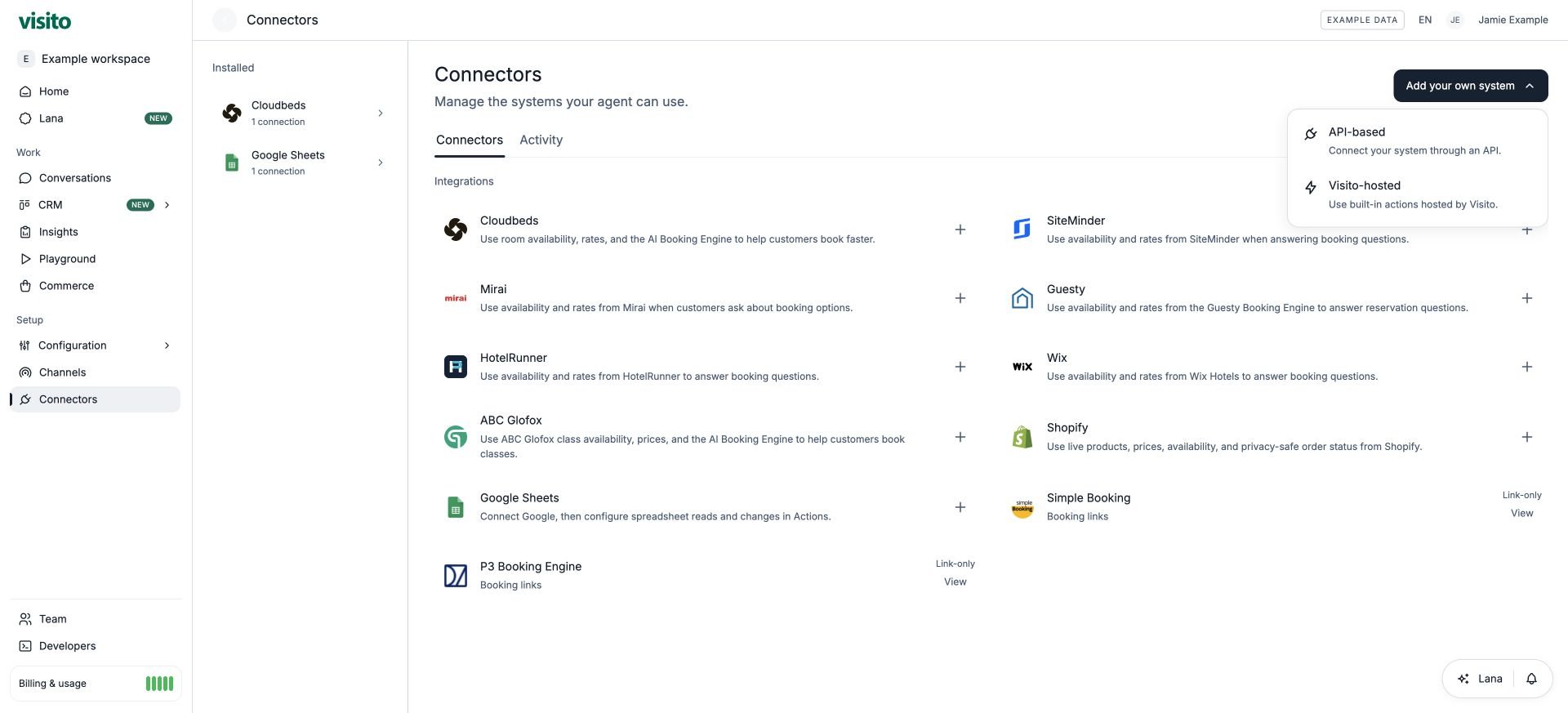 API-based and Visito-hosted choices under Add your own system.
