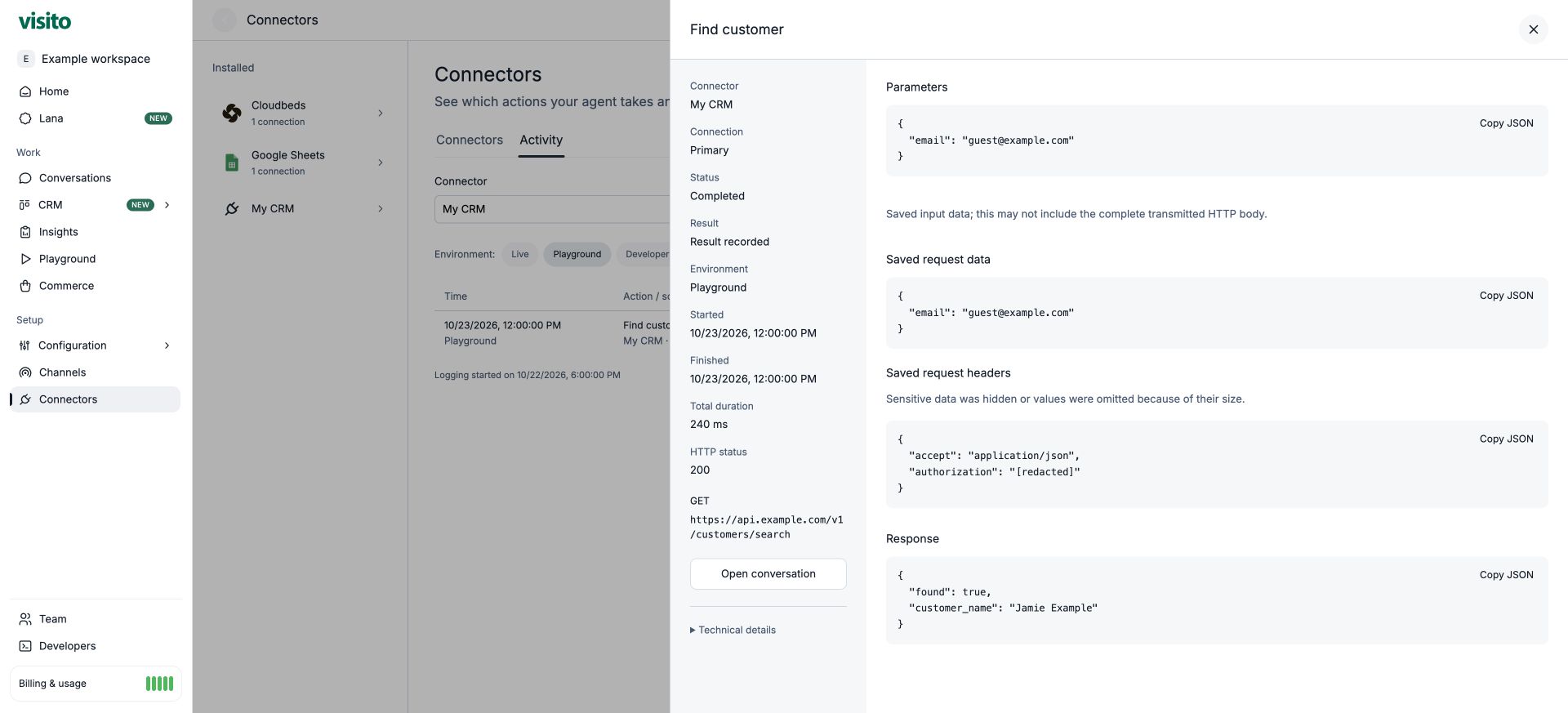 Example execution detail with the saved input, result, and execution summary.