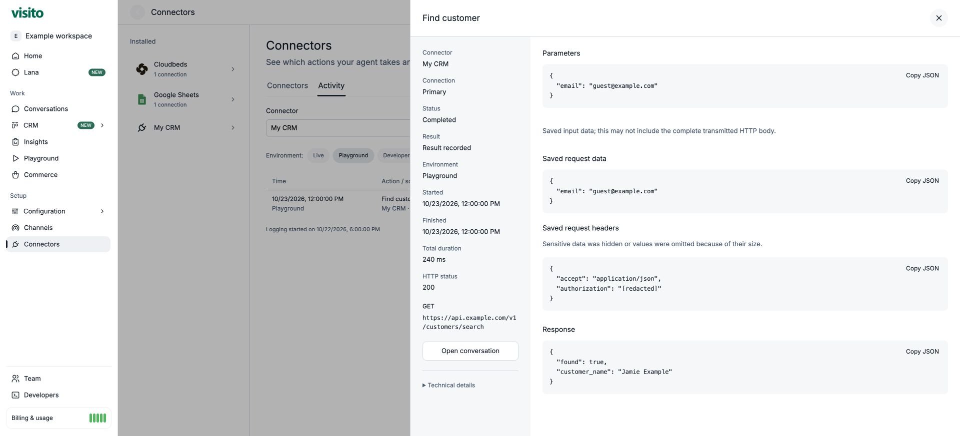 Example execution detail with the saved input, result, and execution summary.