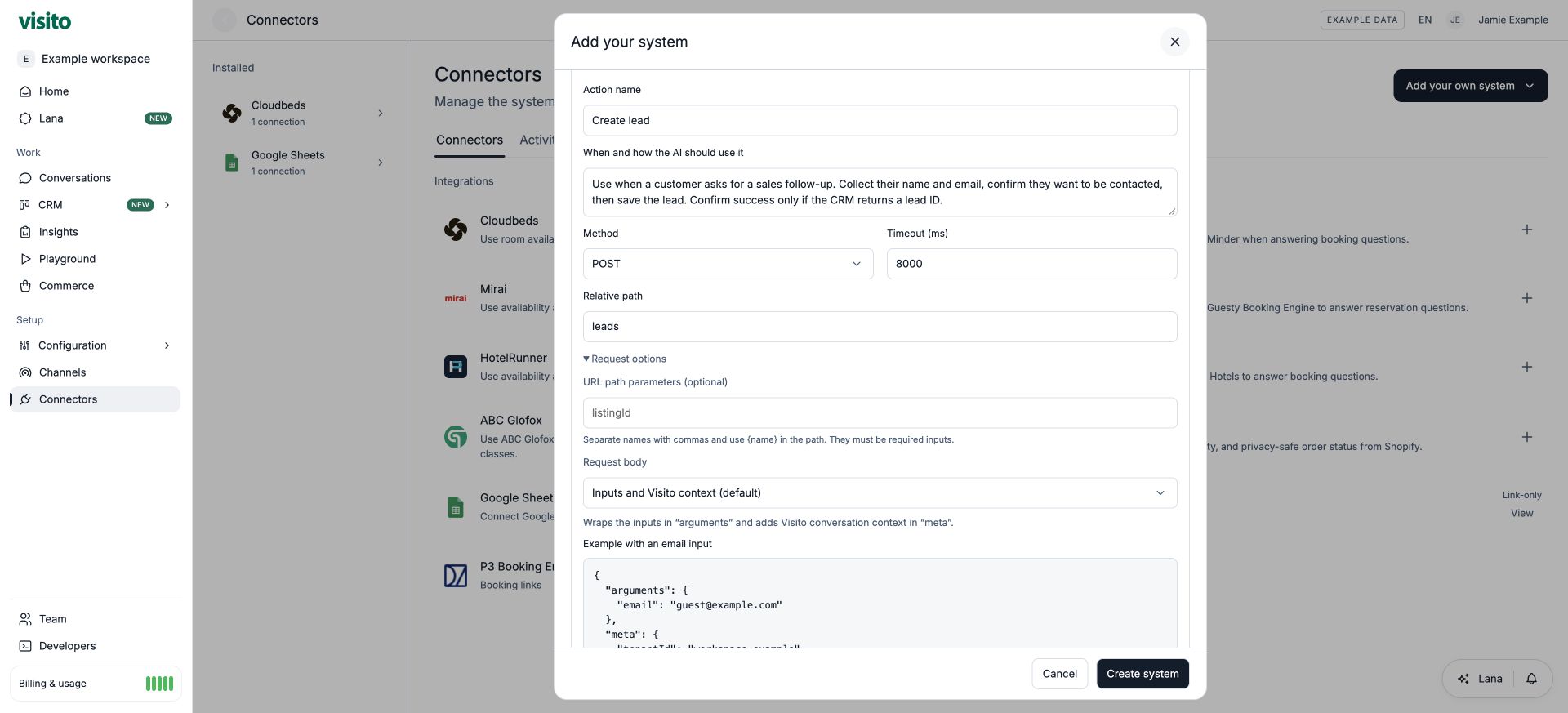 The default body wraps inputs in arguments and includes conversation context.