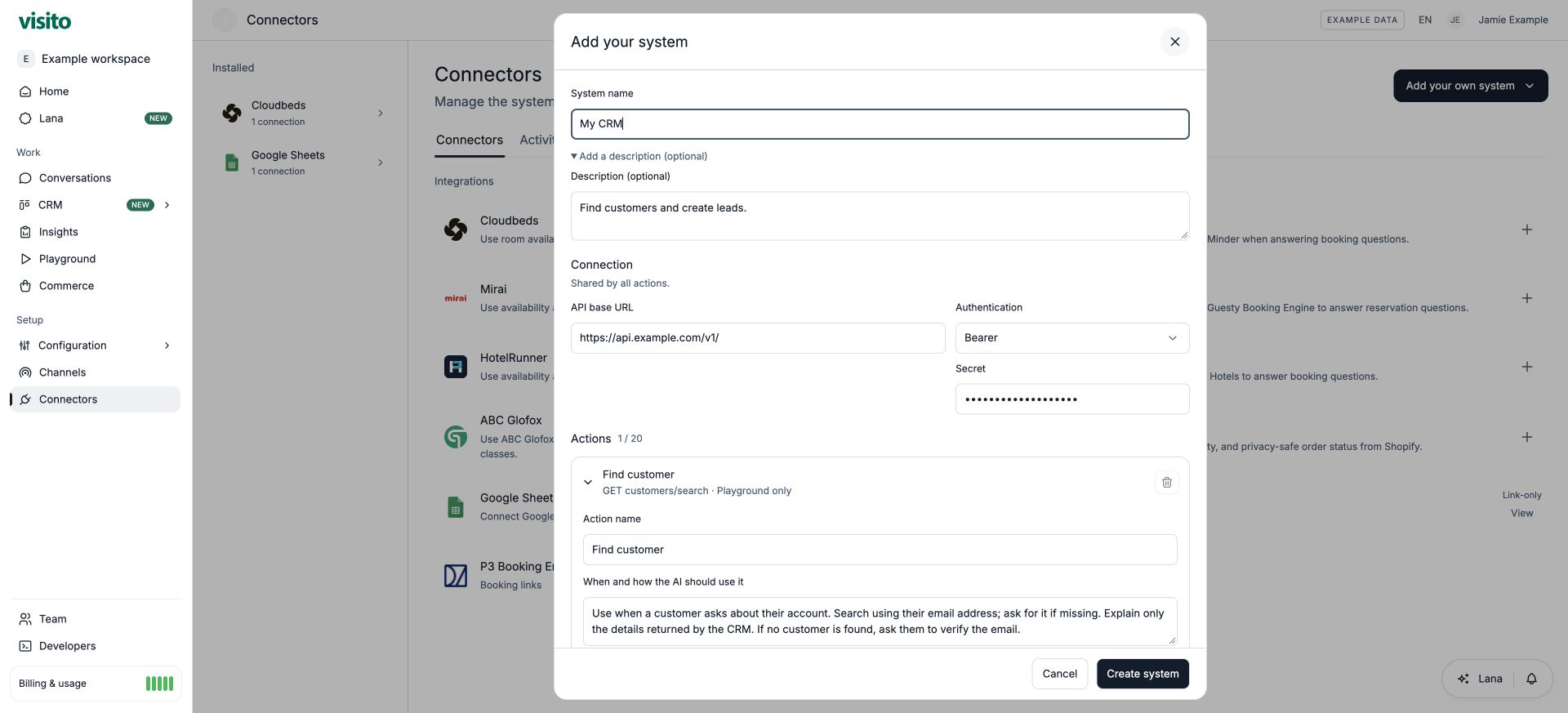 The API base URL and Bearer credential shared by the system's actions.