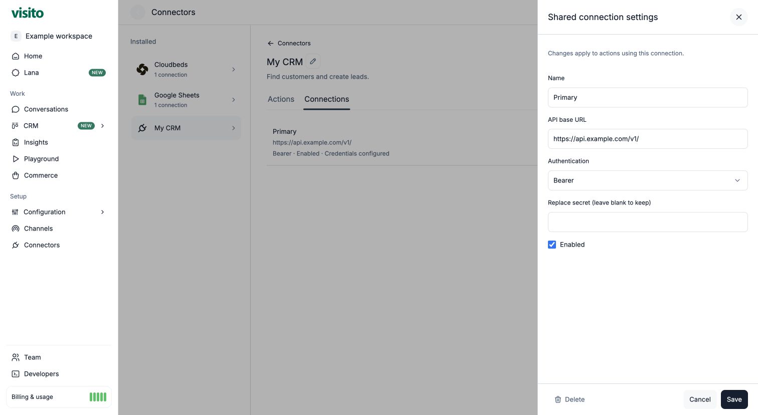 Clicking the shared connection opens its base URL and authentication settings in the right drawer.