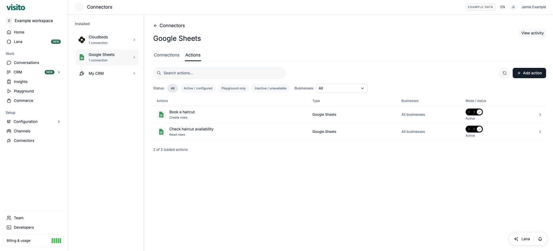 Google Sheets groups its actions under one connector.