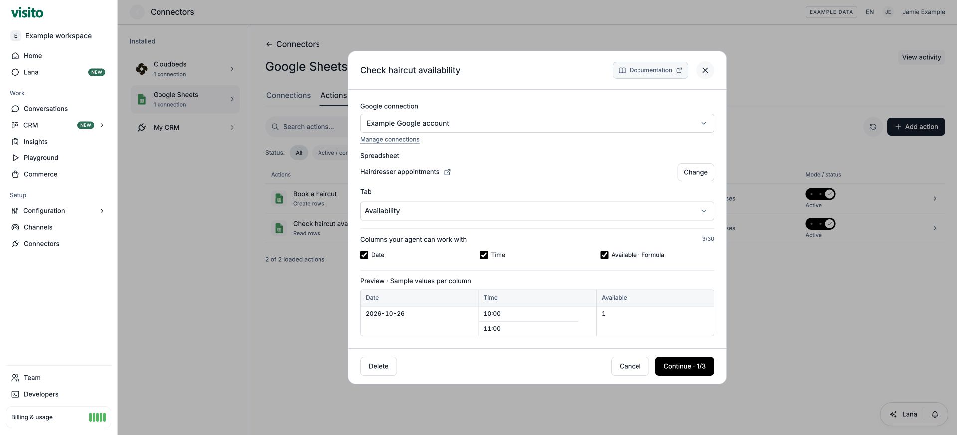 The availability tab selected, with three approved columns and sample values.