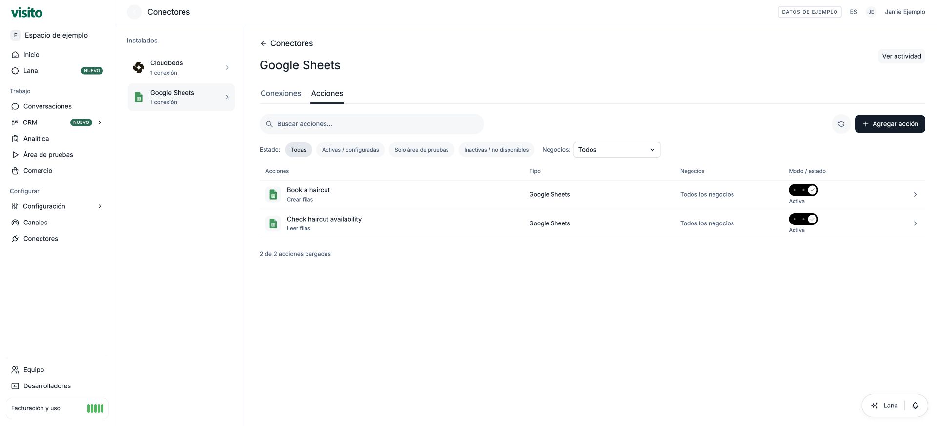 Google Sheets agrupa sus acciones en un conector.