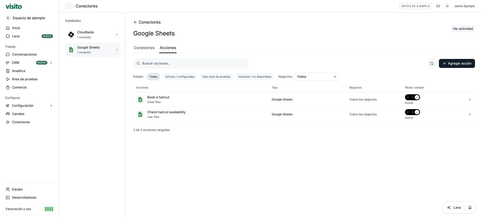 Google Sheets agrupa sus acciones en un conector.