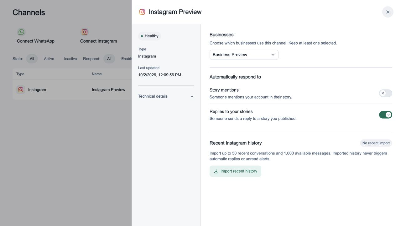Panel de Instagram en inglés con Menciones en historias desactivada y Respuestas a tus historias activada