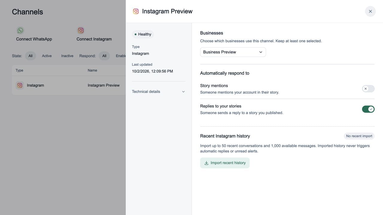 Panel de Instagram en inglés con Menciones en historias desactivada y Respuestas a tus historias activada