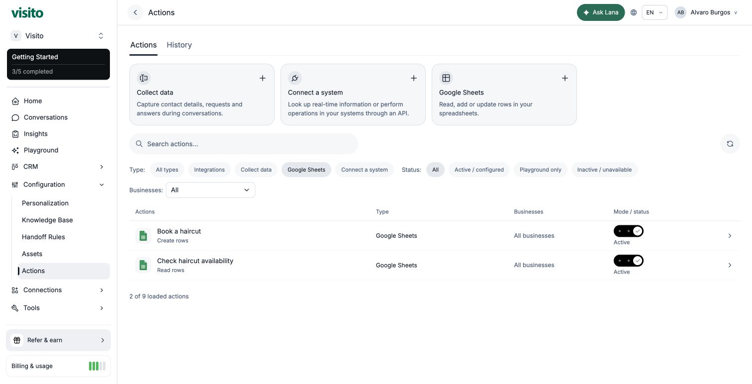 Las dos acciones de Google Sheets con operaciones distintas.