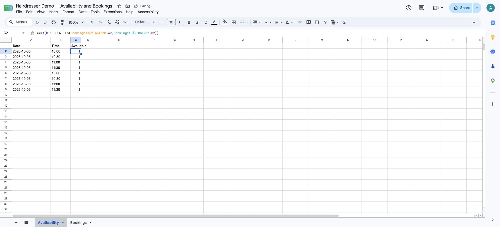 Tres columnas de disponibilidad y la fórmula que compara Date y Time.
