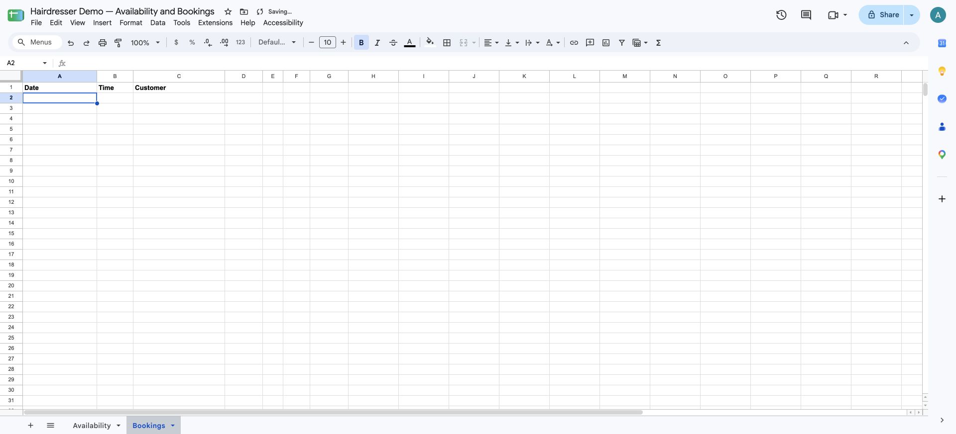 Bookings empieza con Date, Time y Customer, sin registros.