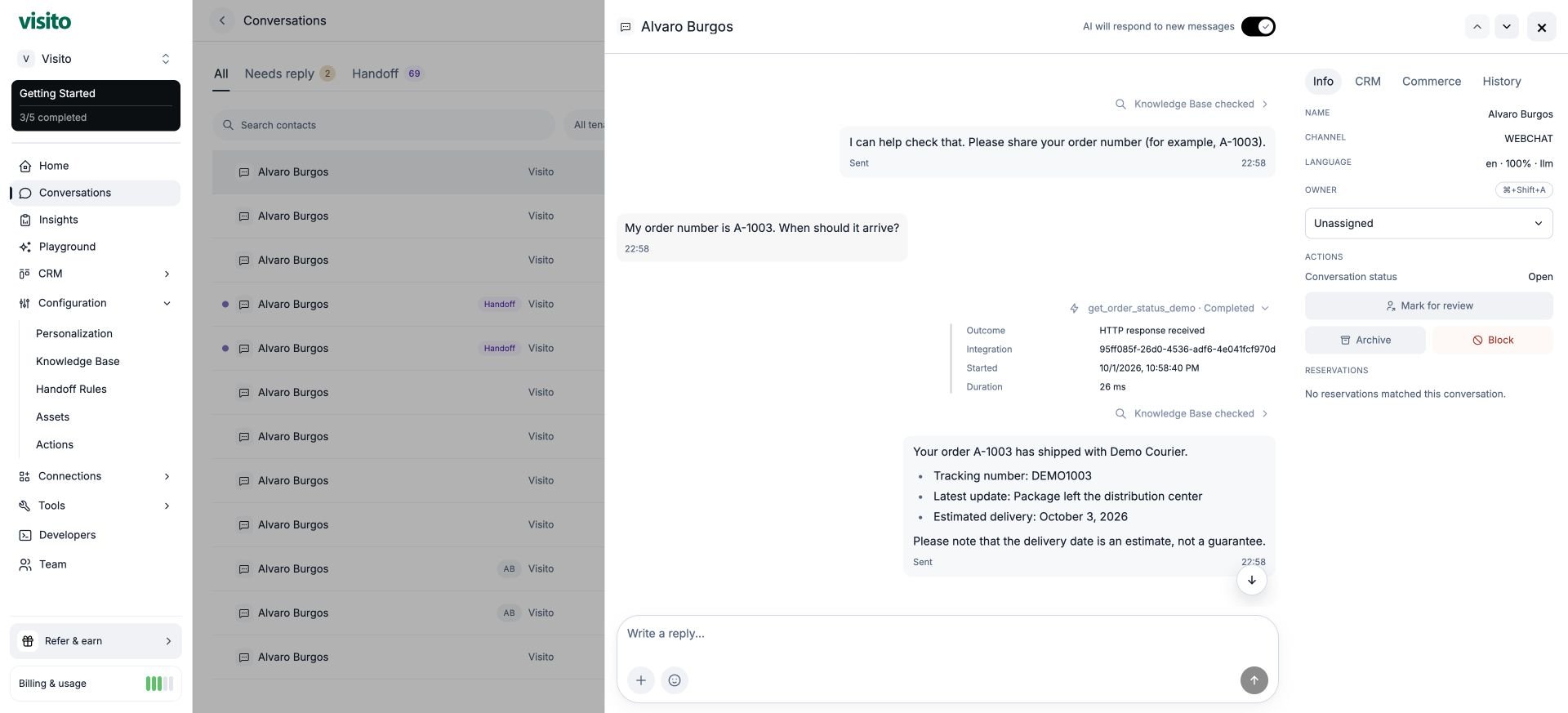 Conversation details showing the supplied order number, completed action receipt, and answer grounded in the returned fields.