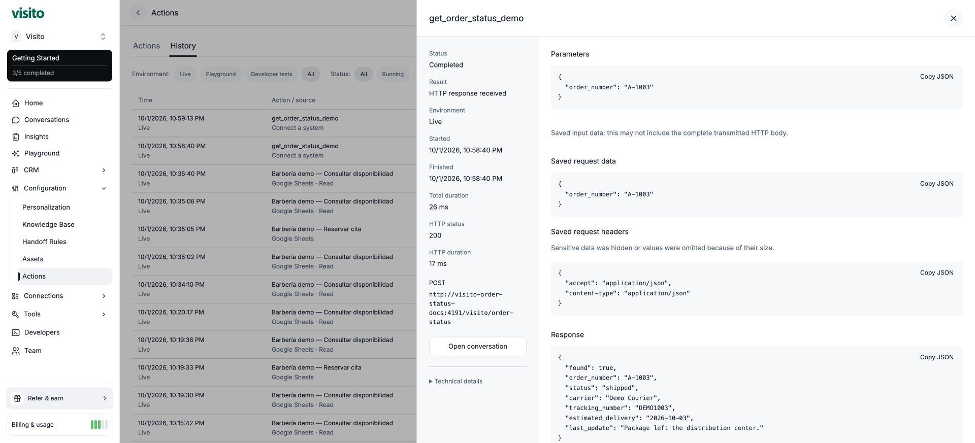 Action execution with input parameters, method, endpoint, status, and timing.