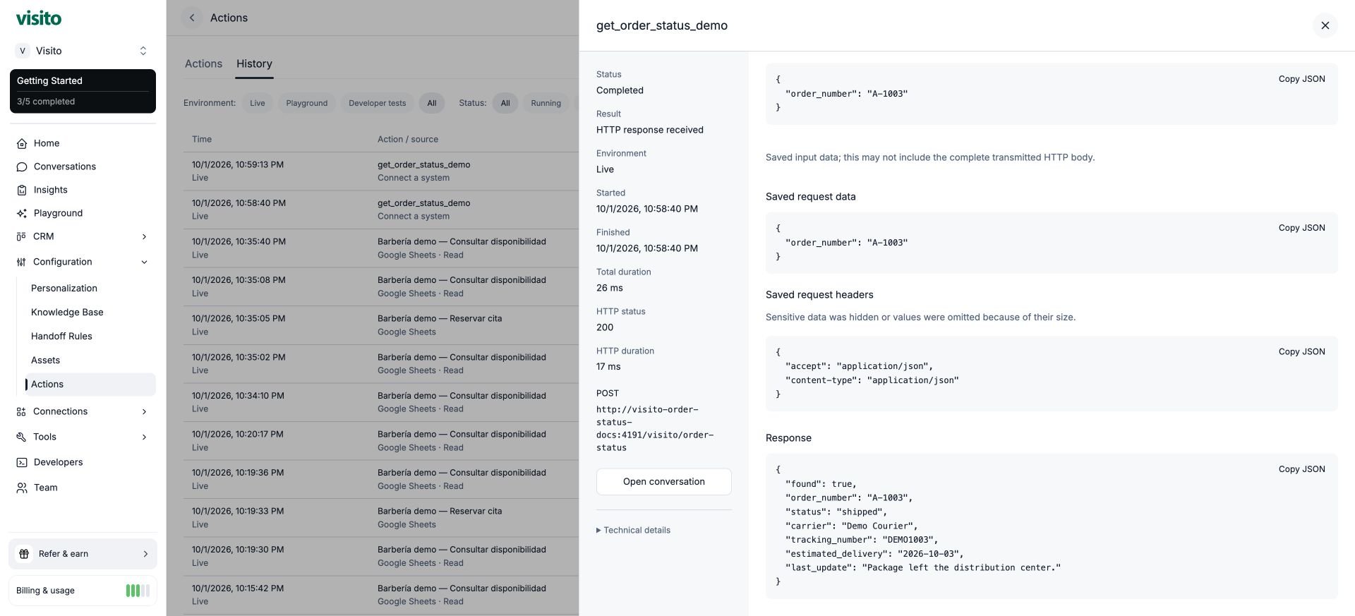 Saved request data and headers above the server's complete order-status response.