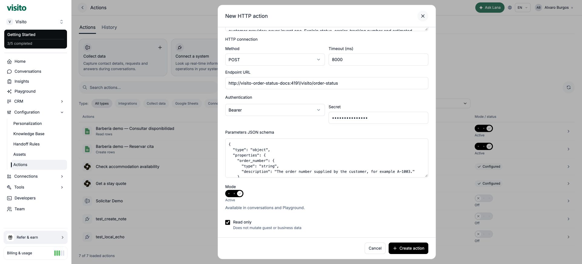 Input schema, Active mode for the controlled Webchat test, and Read only enabled.