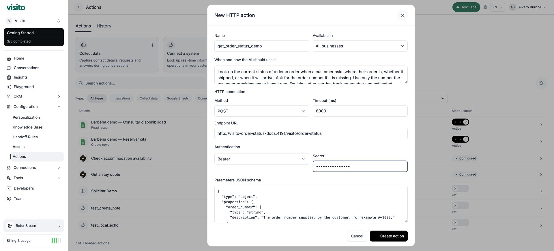 Order-status action name, purpose, connection, and authentication in the English dashboard.