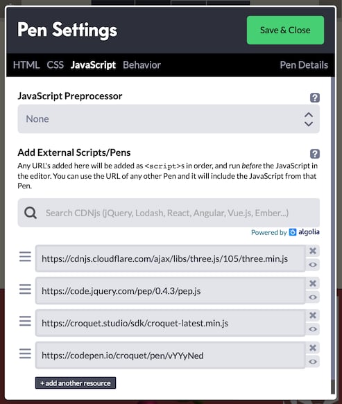 CodePen Settings