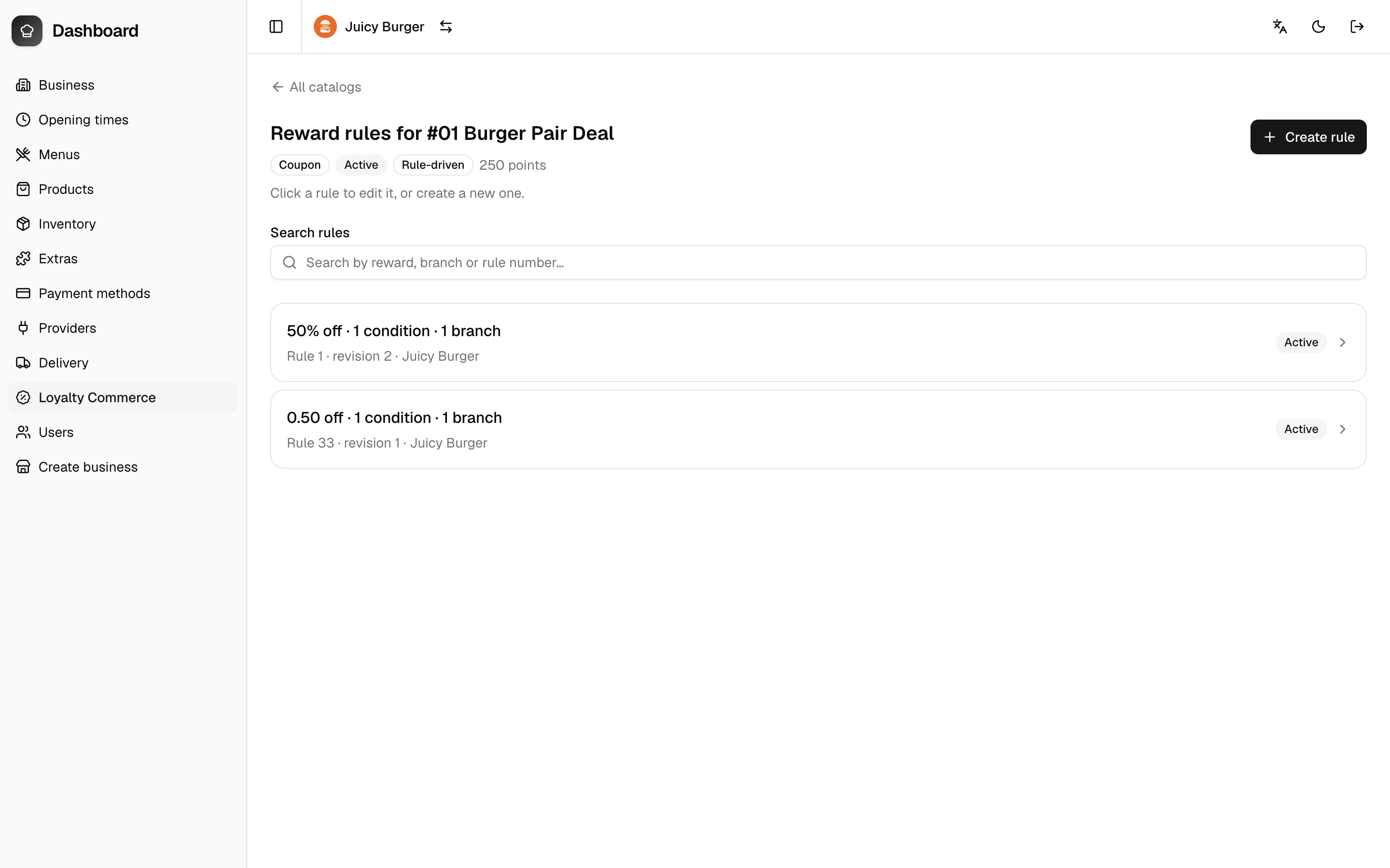 Rules page for a reward, with the Create rule button