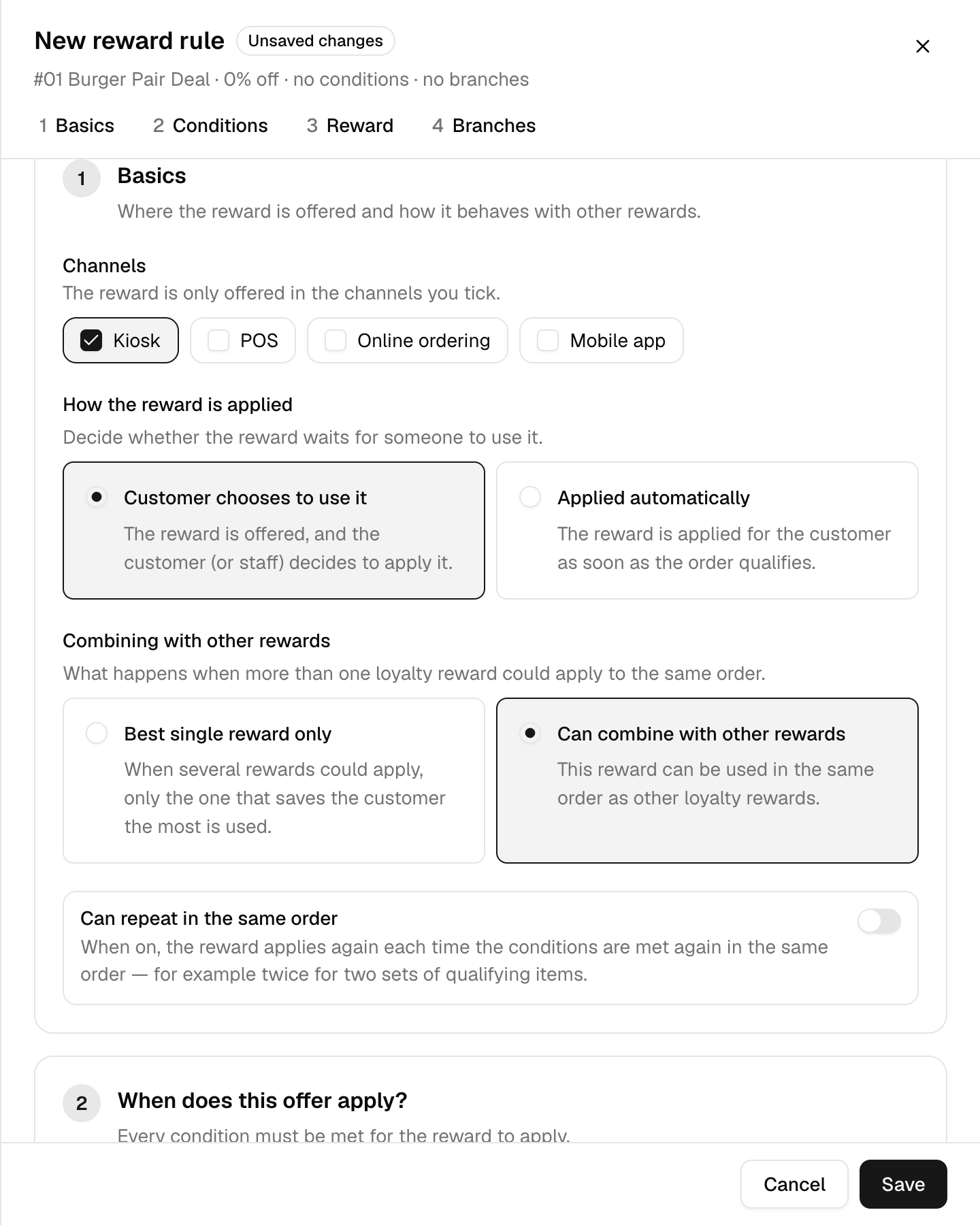Basics step with Kiosk ticked under Channels