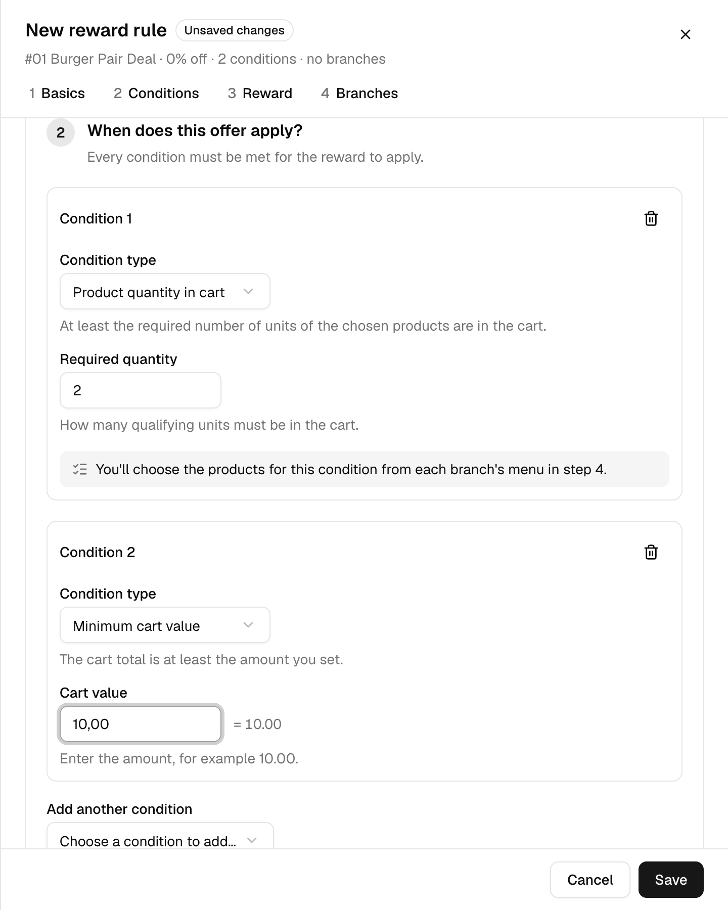 Minimum cart value condition with the cart value entered