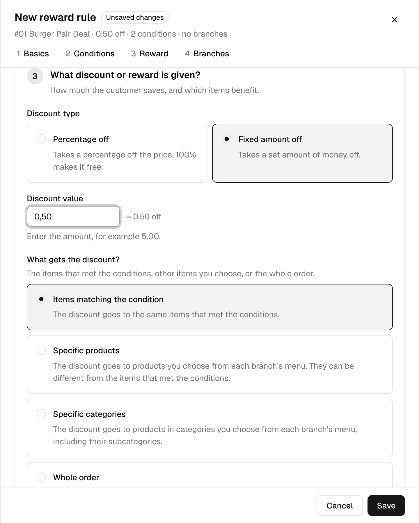 Fixed amount off with 0,50 entered, read as 0.50 off