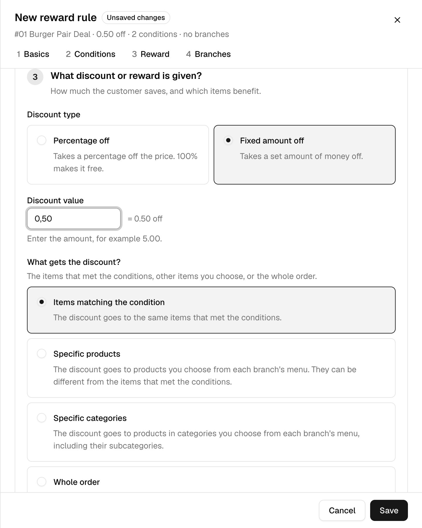Fixed amount off with 0,50 entered, read as 0.50 off