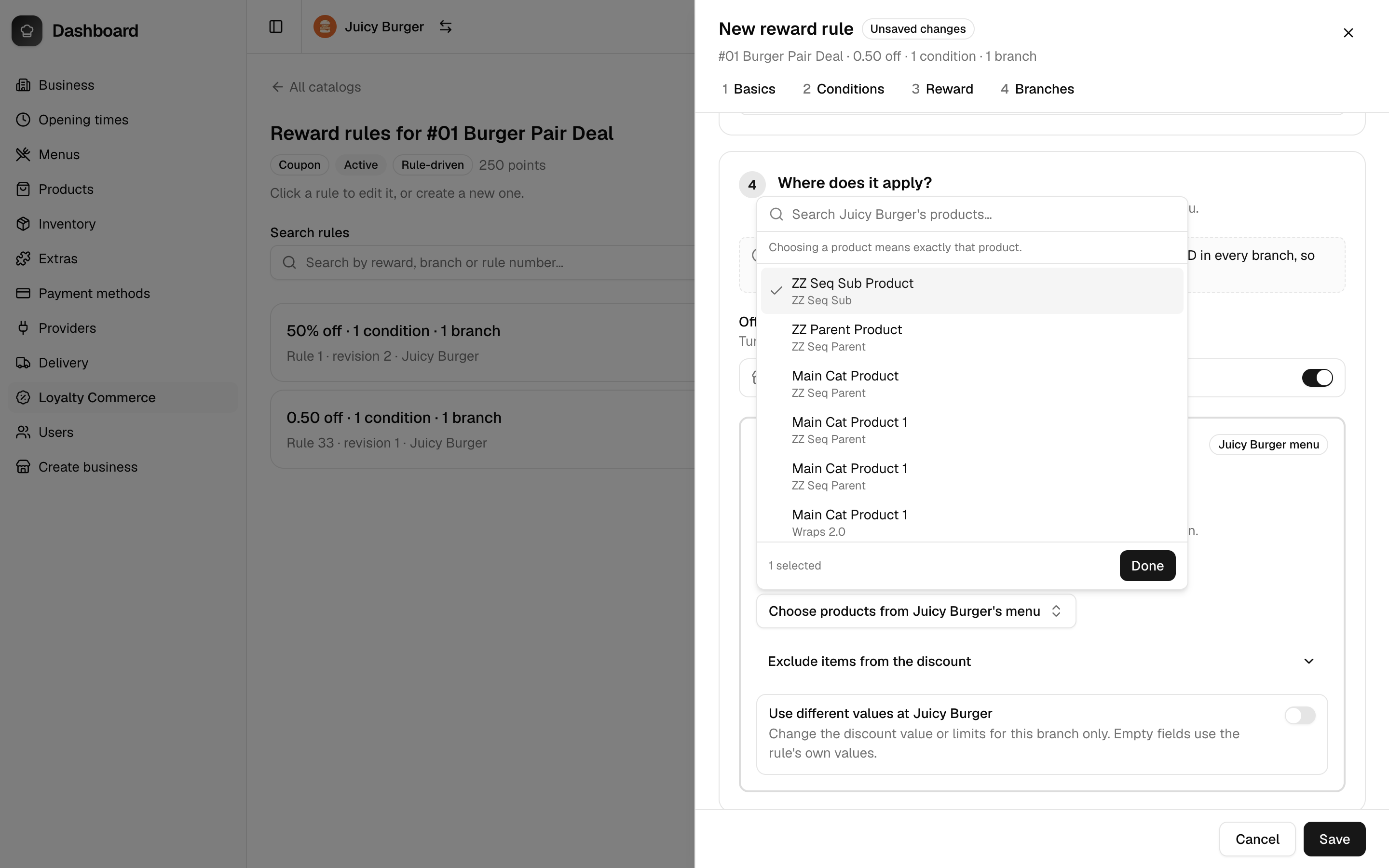 Branch menu picker with one product selected