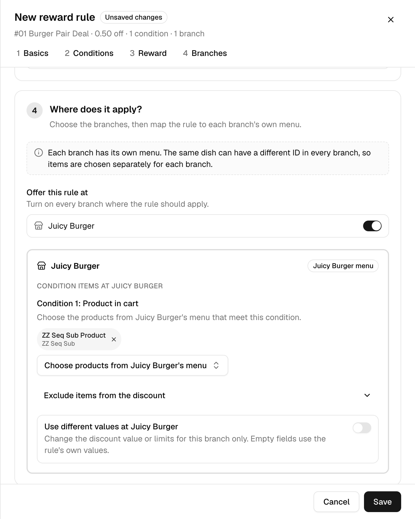 Branch card after the condition items are chosen