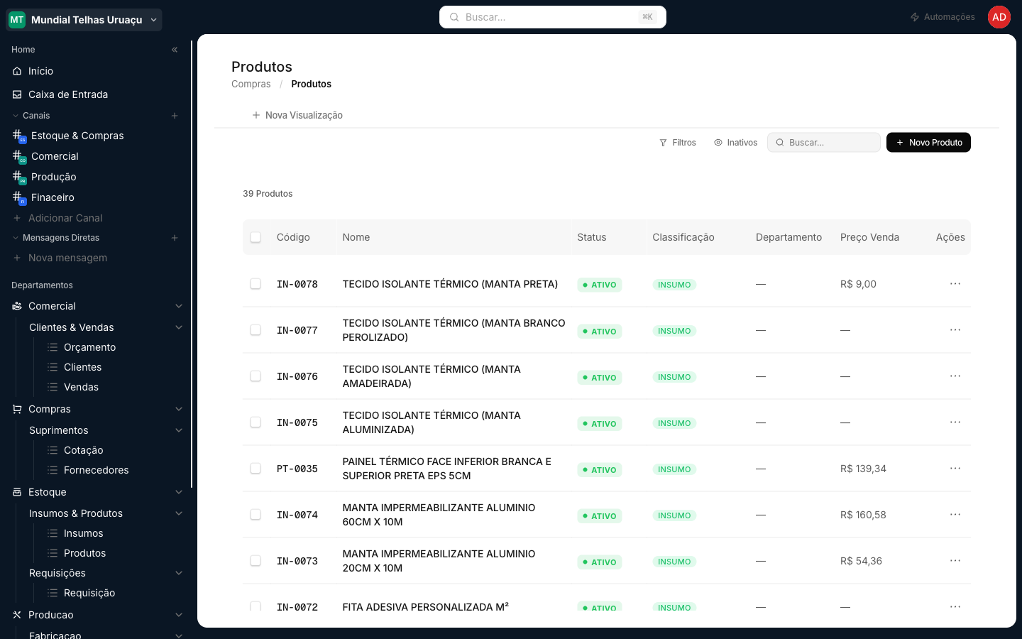 Lista de produtos com código, classificação e preço de venda