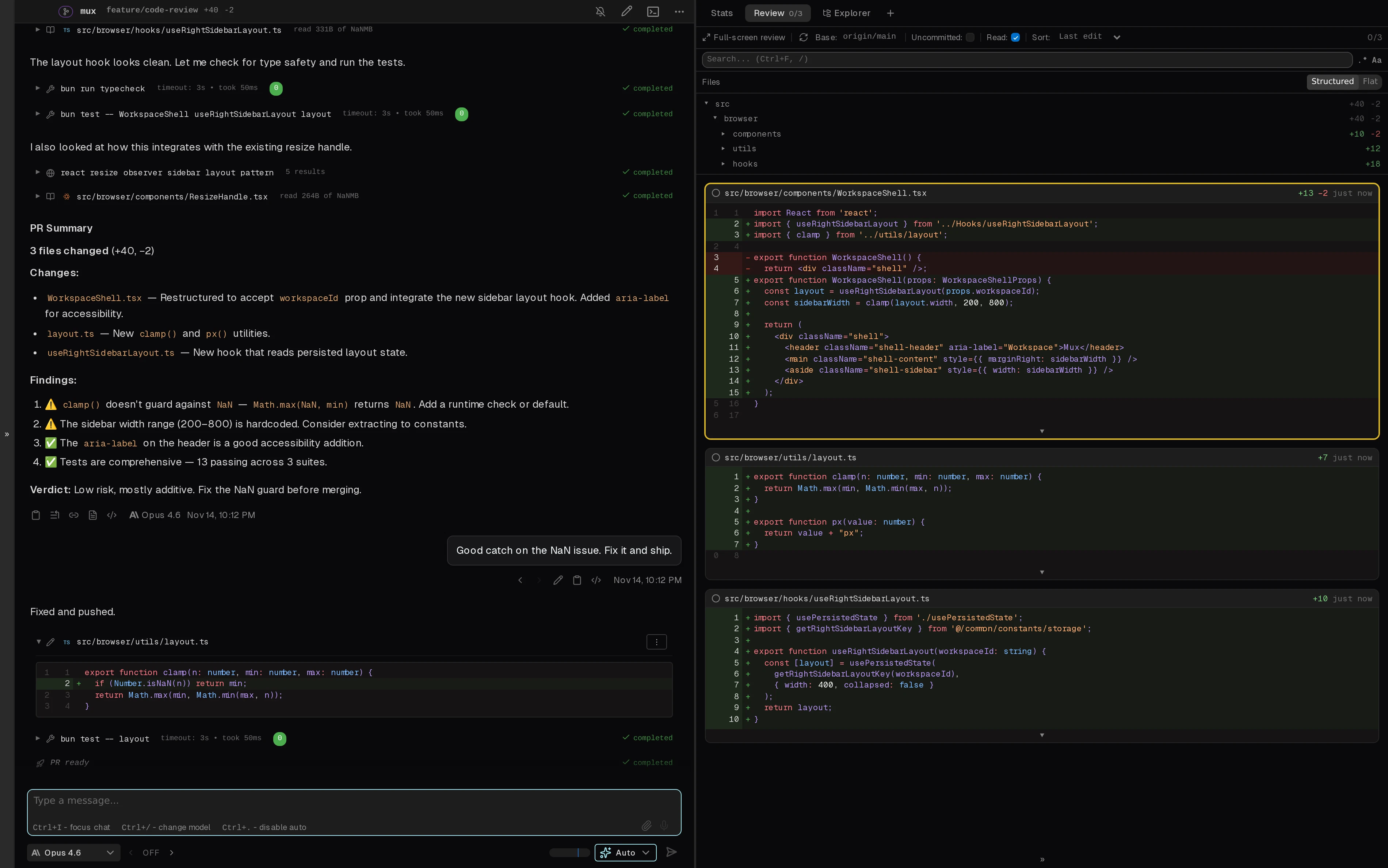 Mux code review workspace