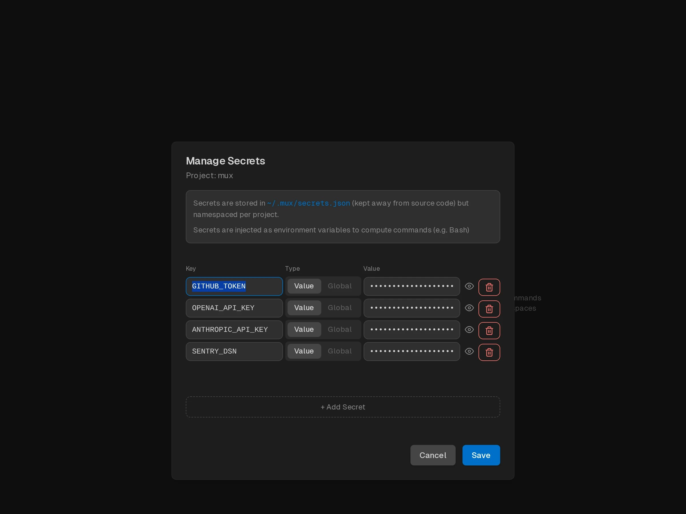 Project Secrets Modal