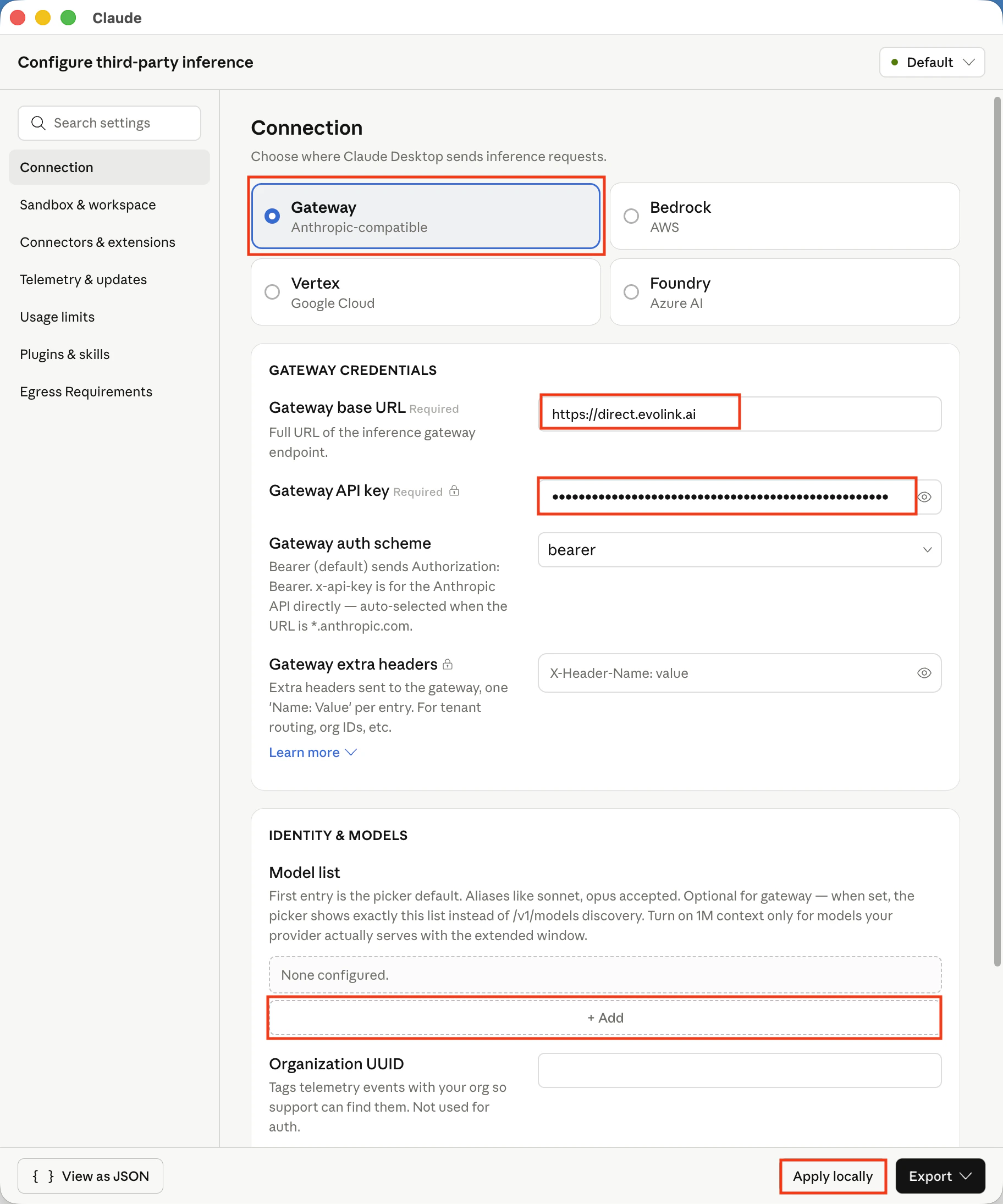 Claude Desktop Third-Party Inference Settings