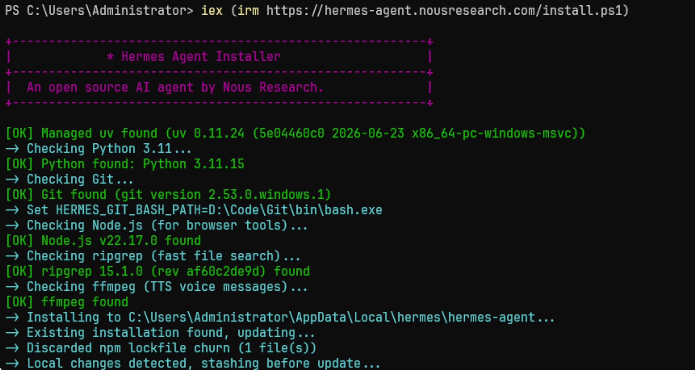Ein-Zeilen-Installationsbefehl von Hermes Agent in der Administrator-PowerShell ausführen