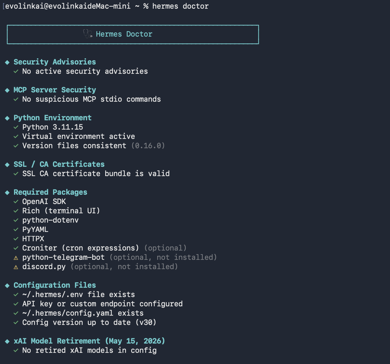 hermes doctor environment check results