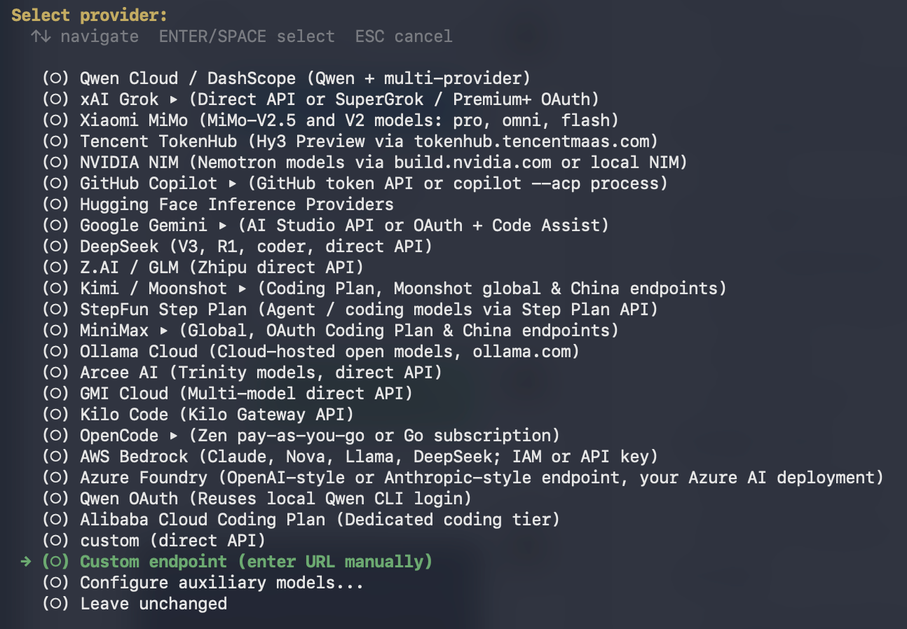 Selecting custom endpoint in the provider list