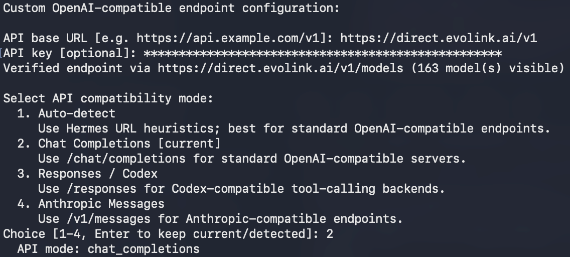 Entering the EvoLink endpoint URL and key and selecting Chat Completions mode