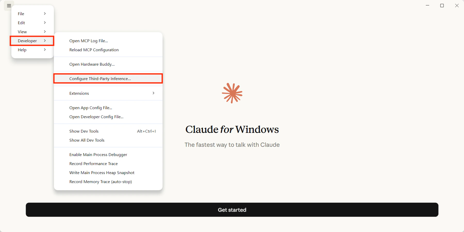 Menú Developer de Claude Desktop para Windows